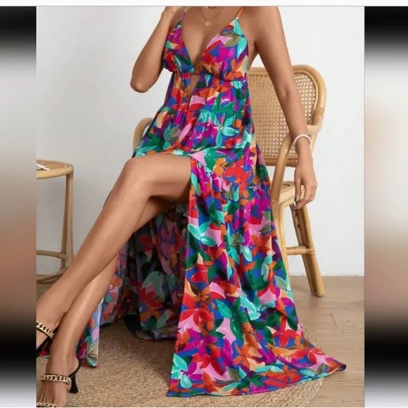 Allover VCay Floral Print Split Thigh Cami Dress. - Picture 6 of 9